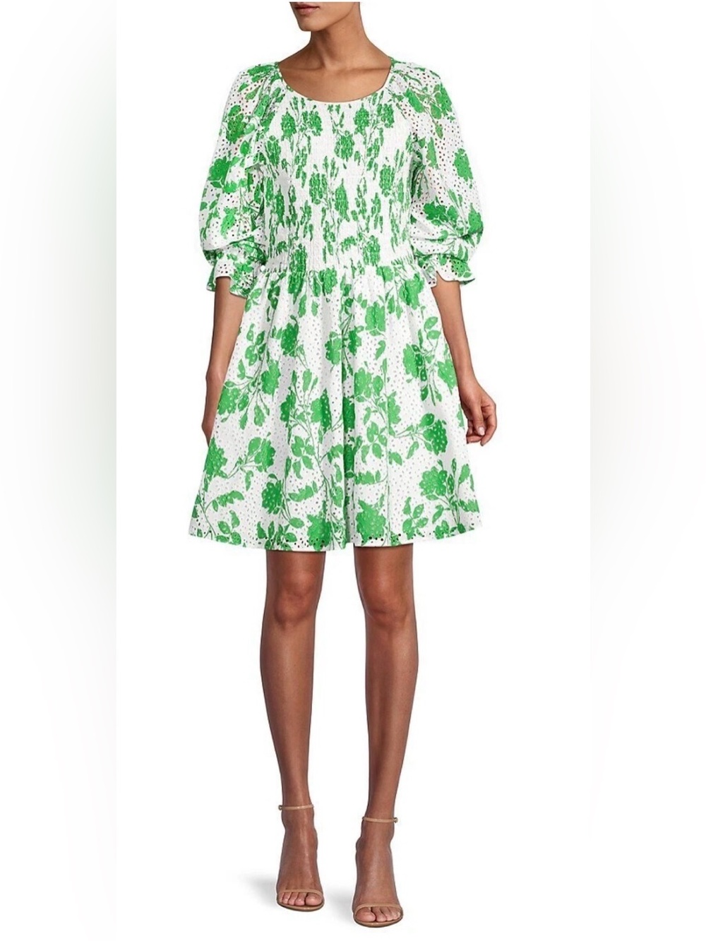 RACHEL PARCELL White Green Foliage Smocked Eyelet Long Sleeve Mini Dress Large